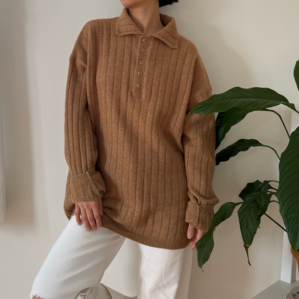 Vintage Structure Lambswool Blend Ribbed Knit Polo Sweater In A Tan Color Size L